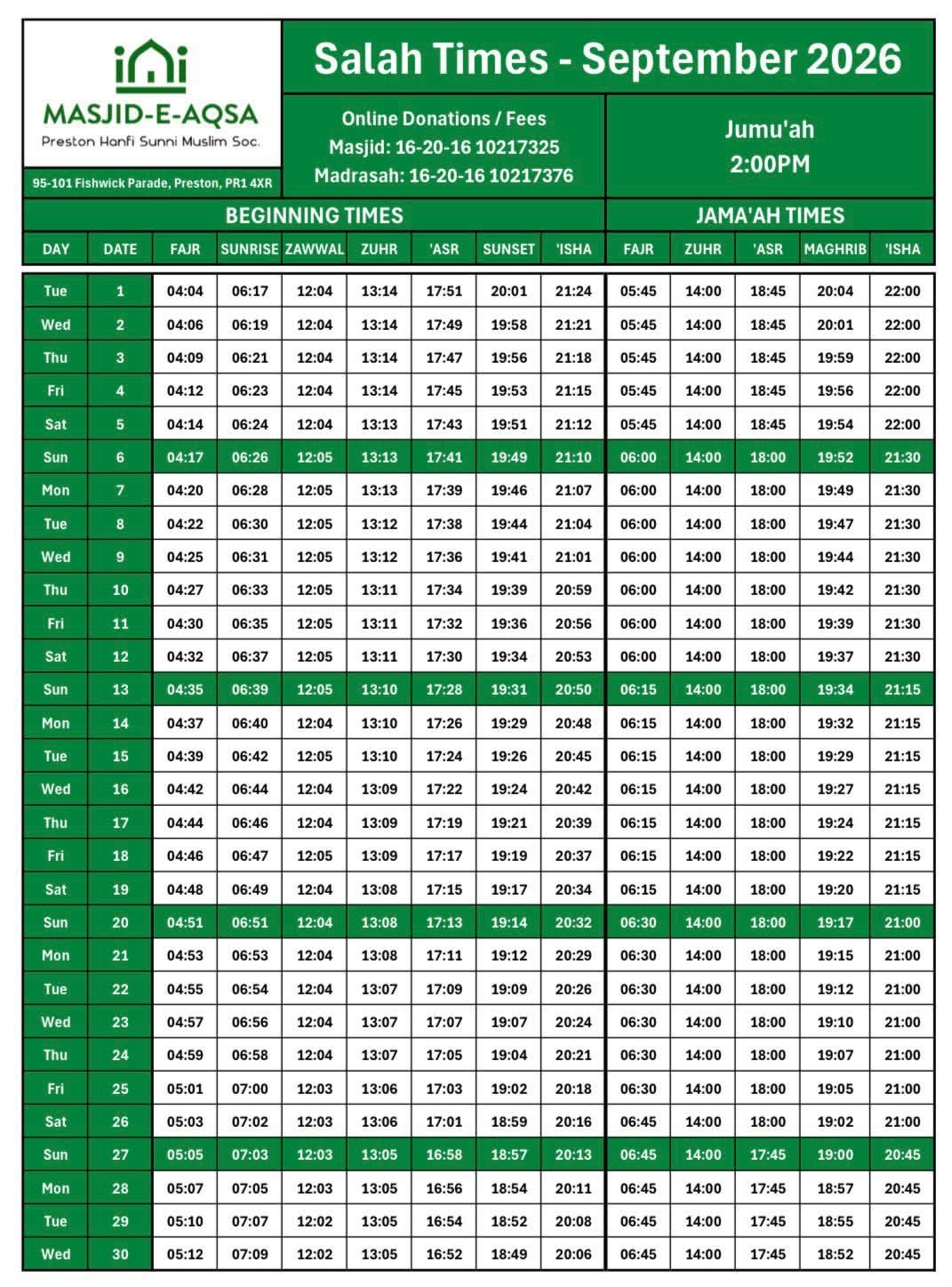 Timetable published by Masjid-E-Aqsa for September 2026