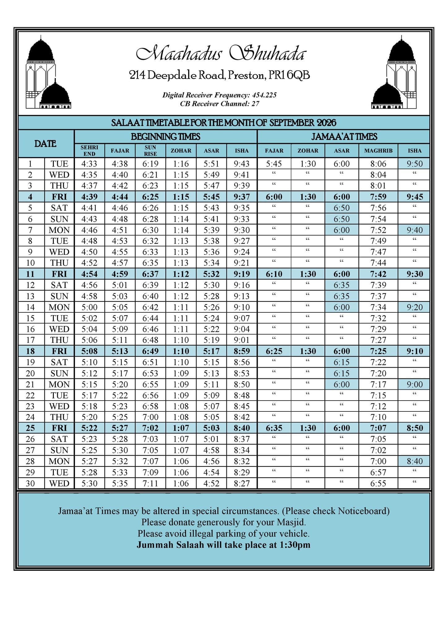 Timetable published by Maahadus Shuhada for September 2026