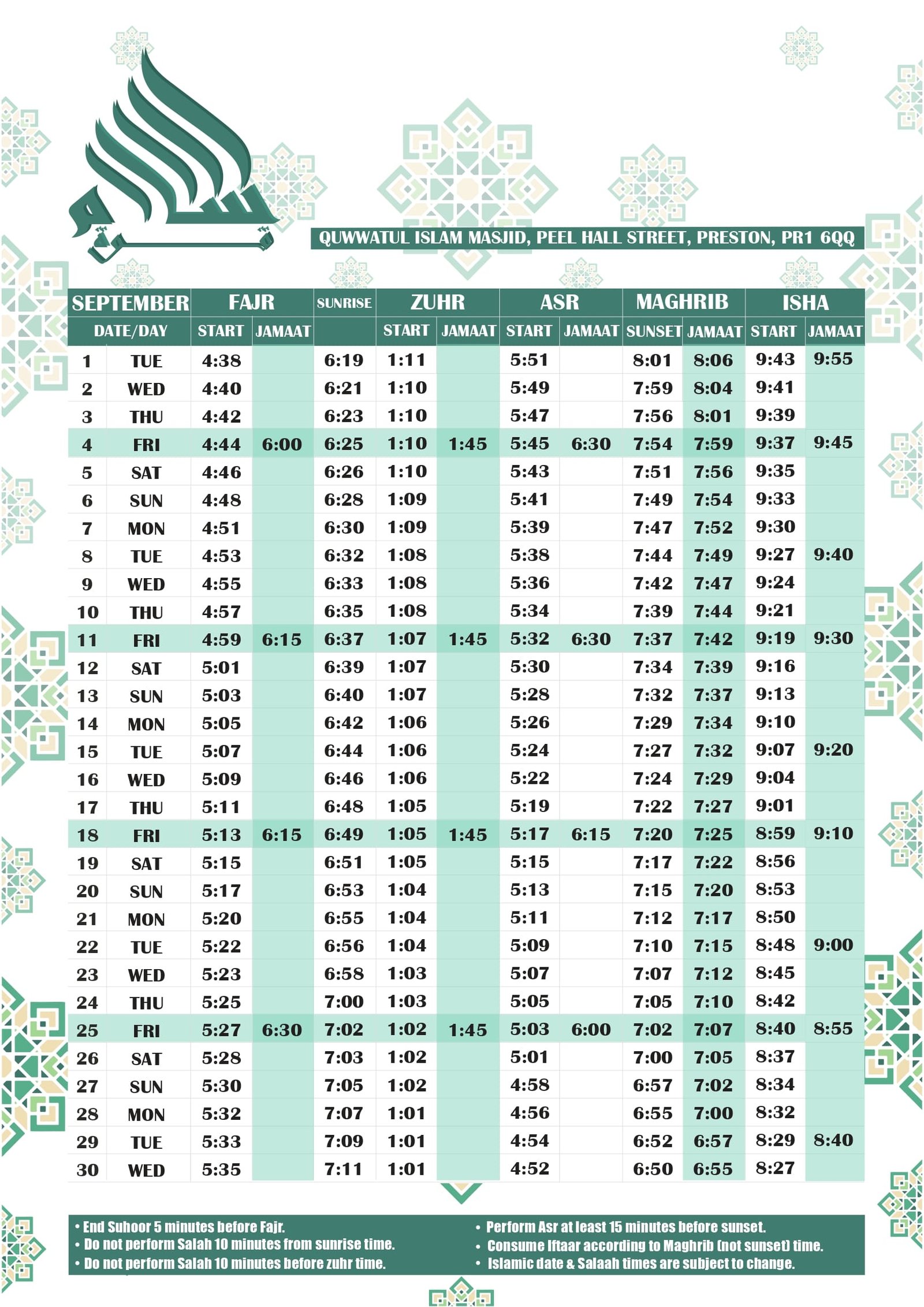 Timetable published by Quwwat Ul Islam Mosque for September 2026
