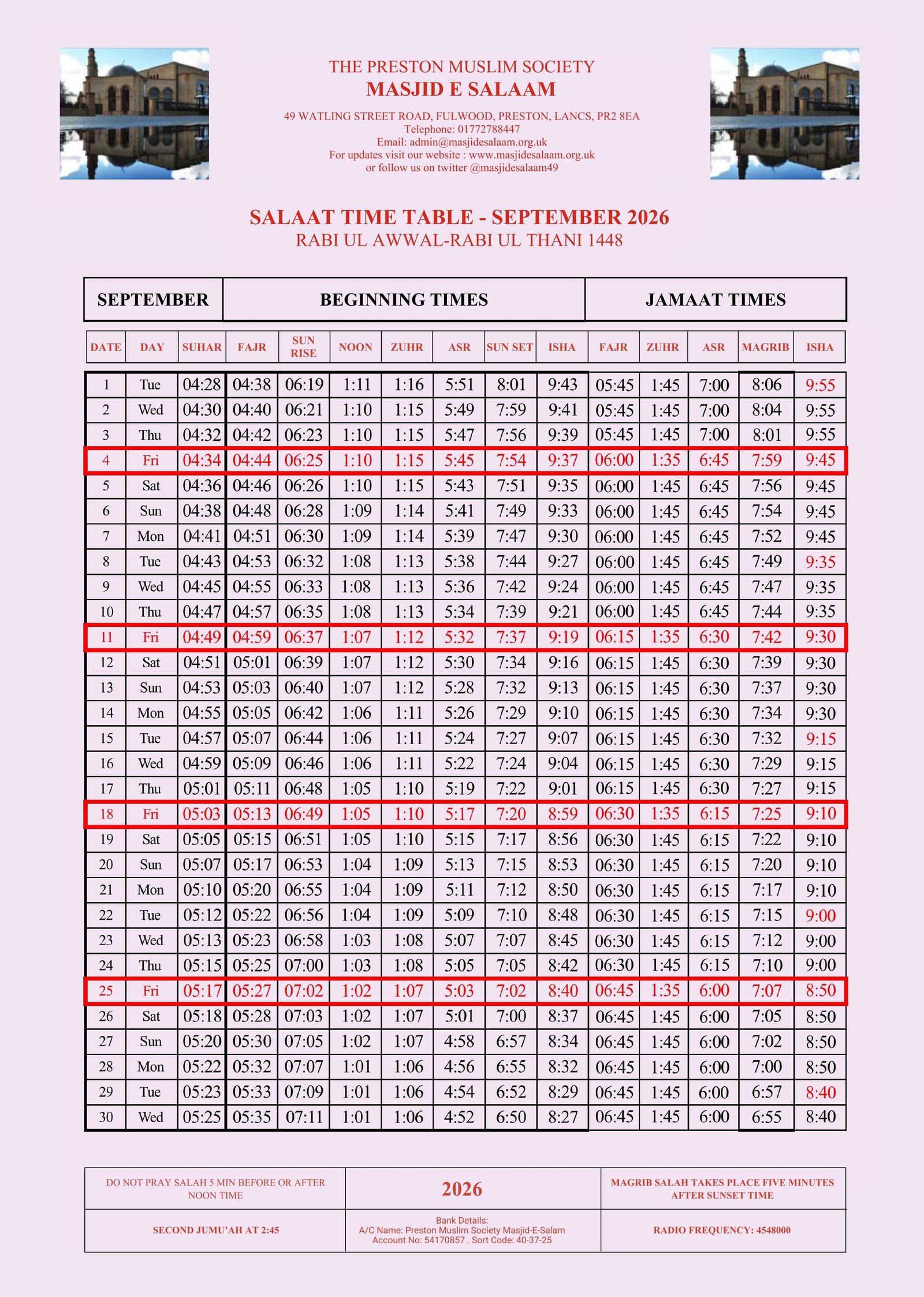 Timetable published by Masjid-E-Salaam Preston for September 2026
