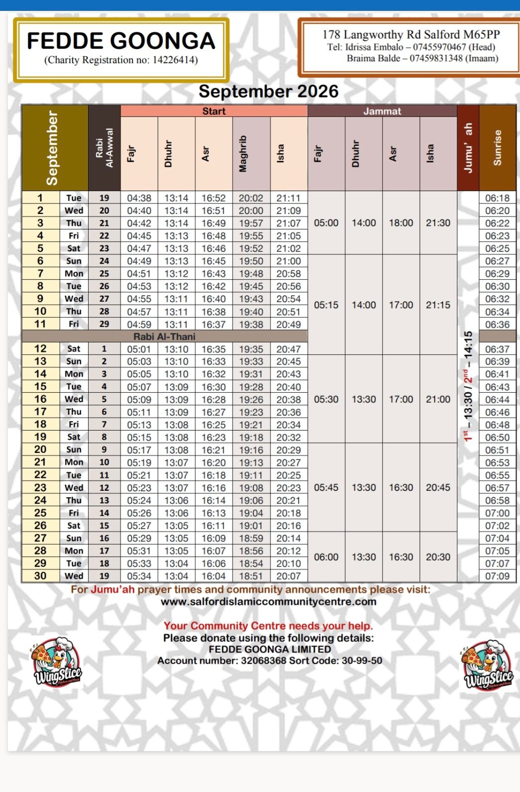 Timetable published by Salford Islamic Community Centre for September 2026