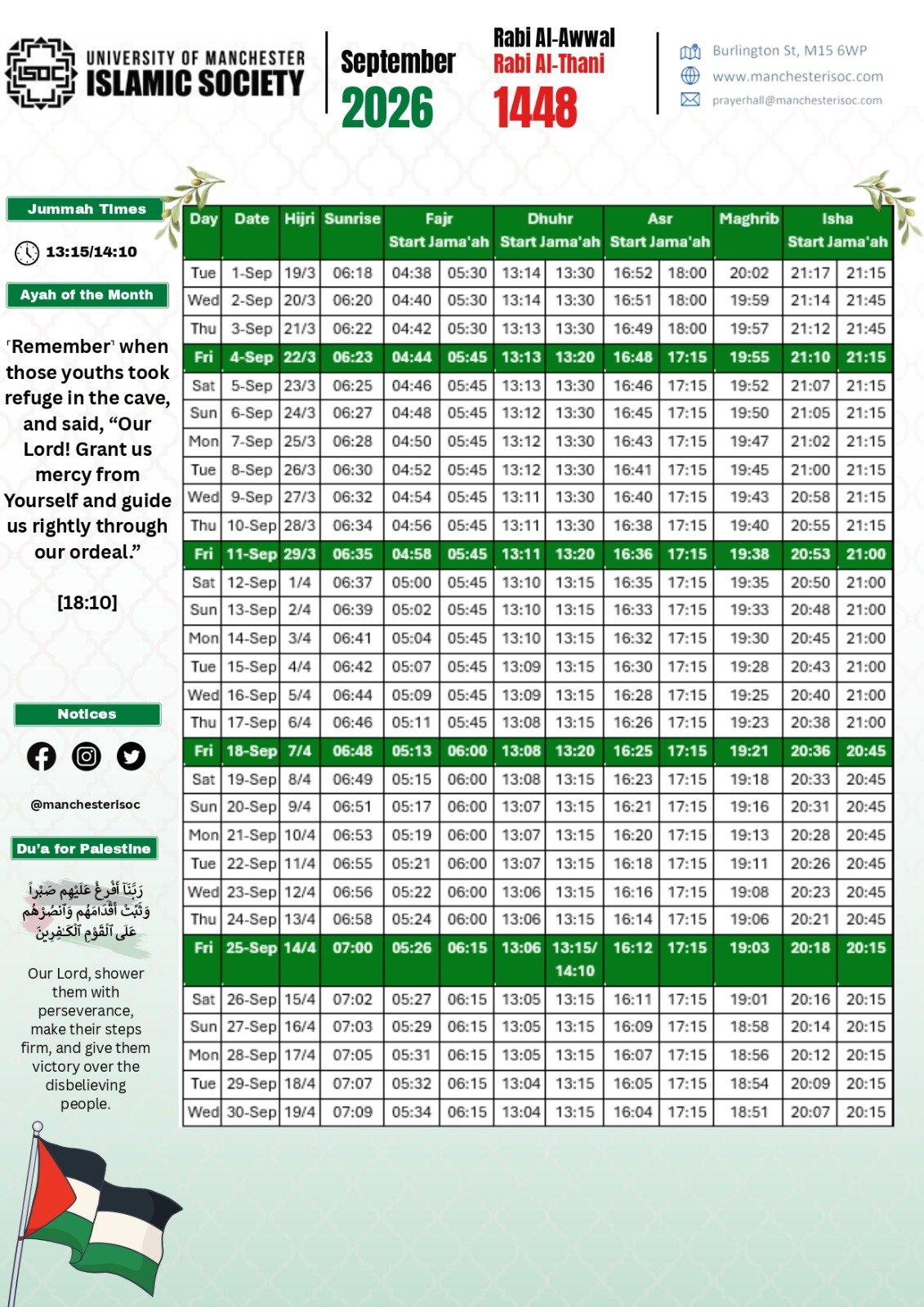 Timetable published by Mcdougall Prayer Hall (ISOC) for September 2026