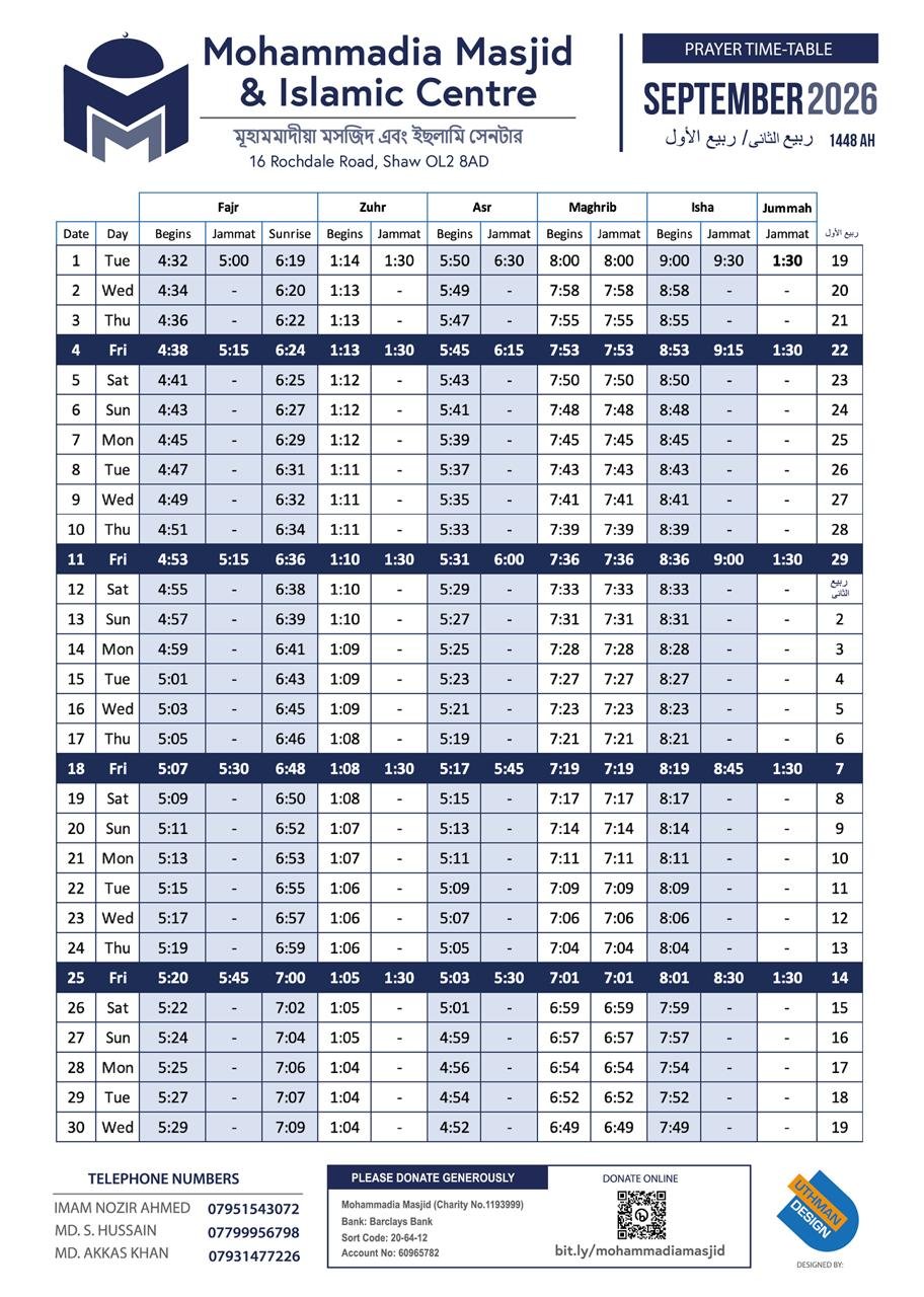 Timetable published by Mohammadia Masjid & Islamic Centre for September 2026
