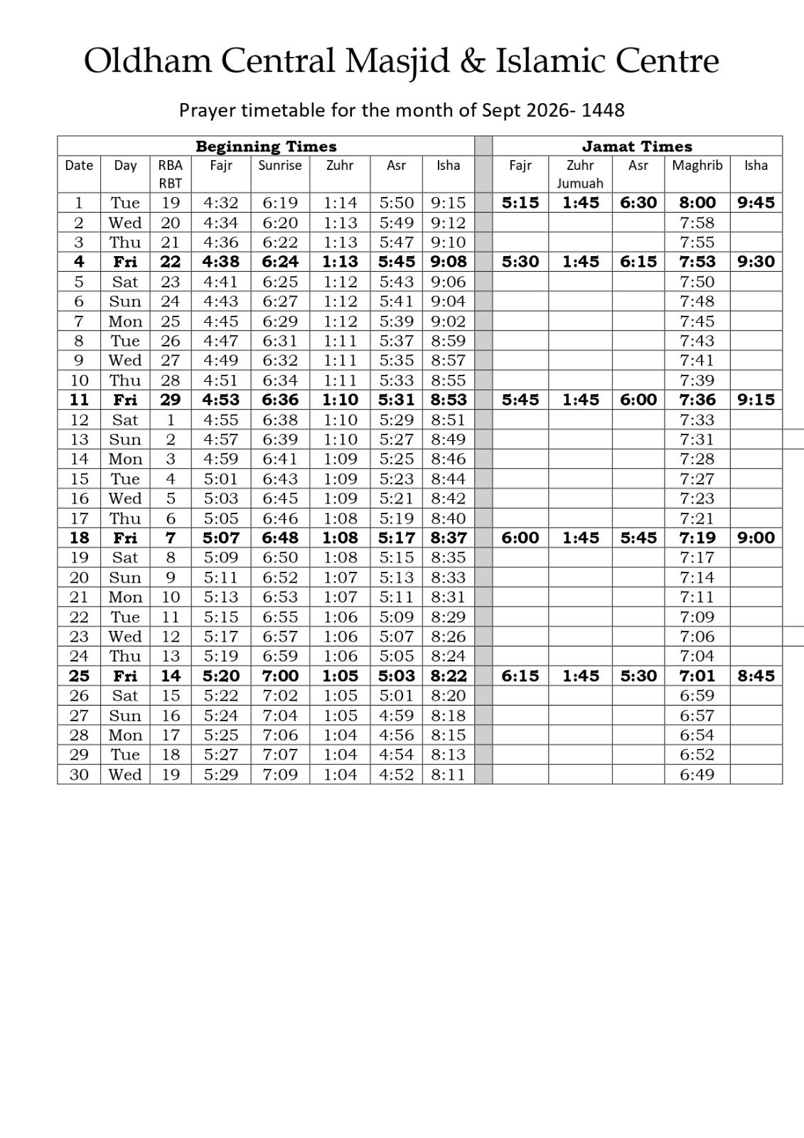 Timetable published by Oldham Central Masjid for September 2026