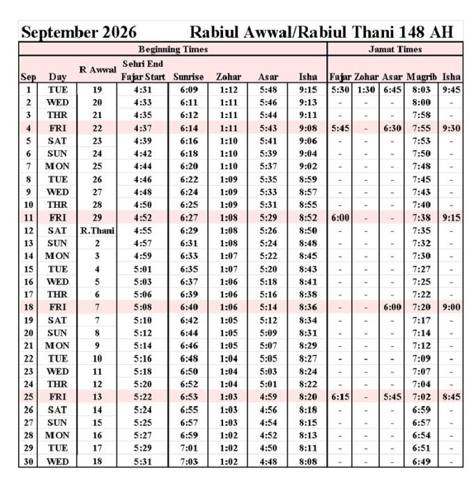 Timetable published by Madina Masjid for September 2026