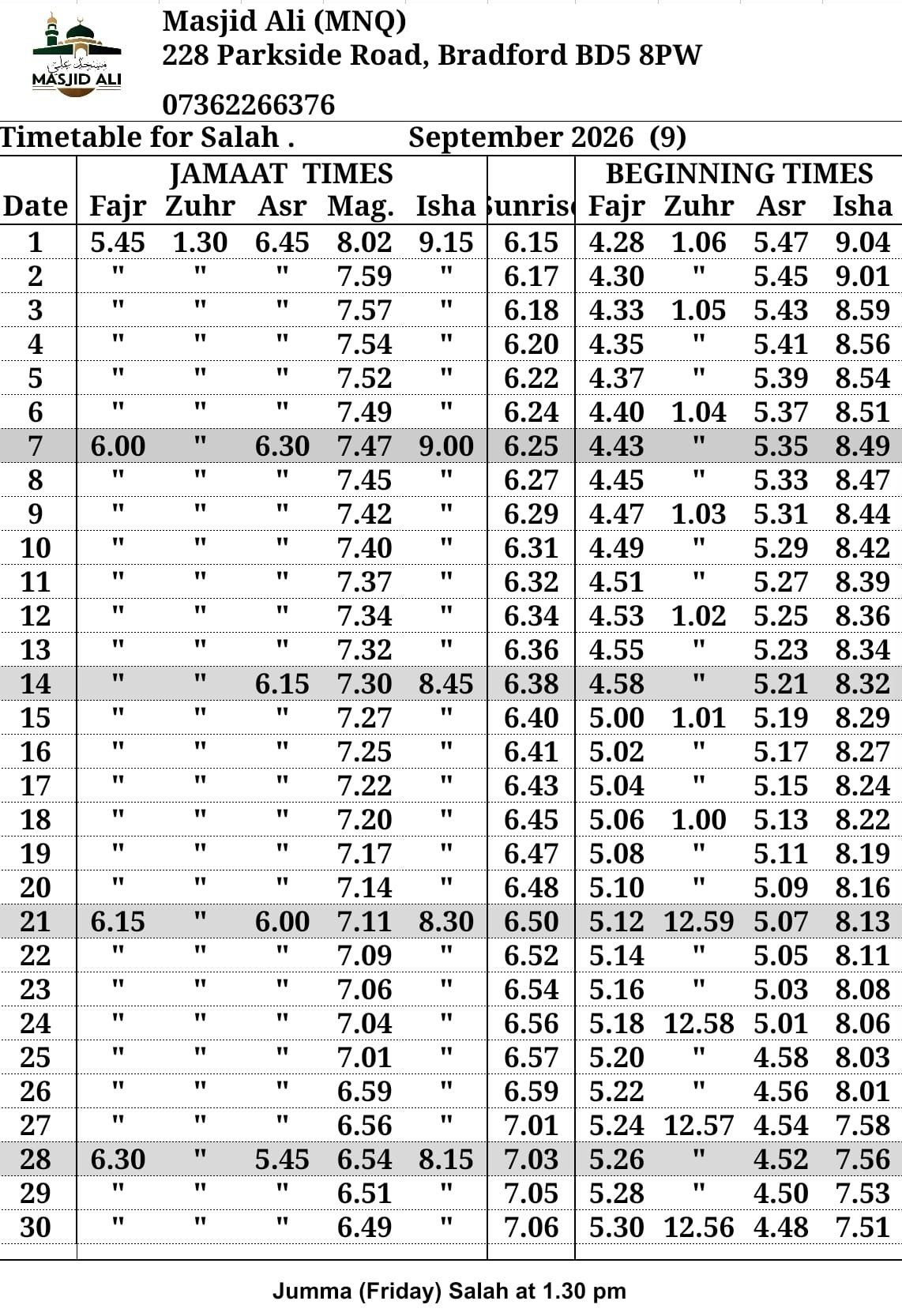 Timetable published by Masjid Ali (MNQ) for September 2026