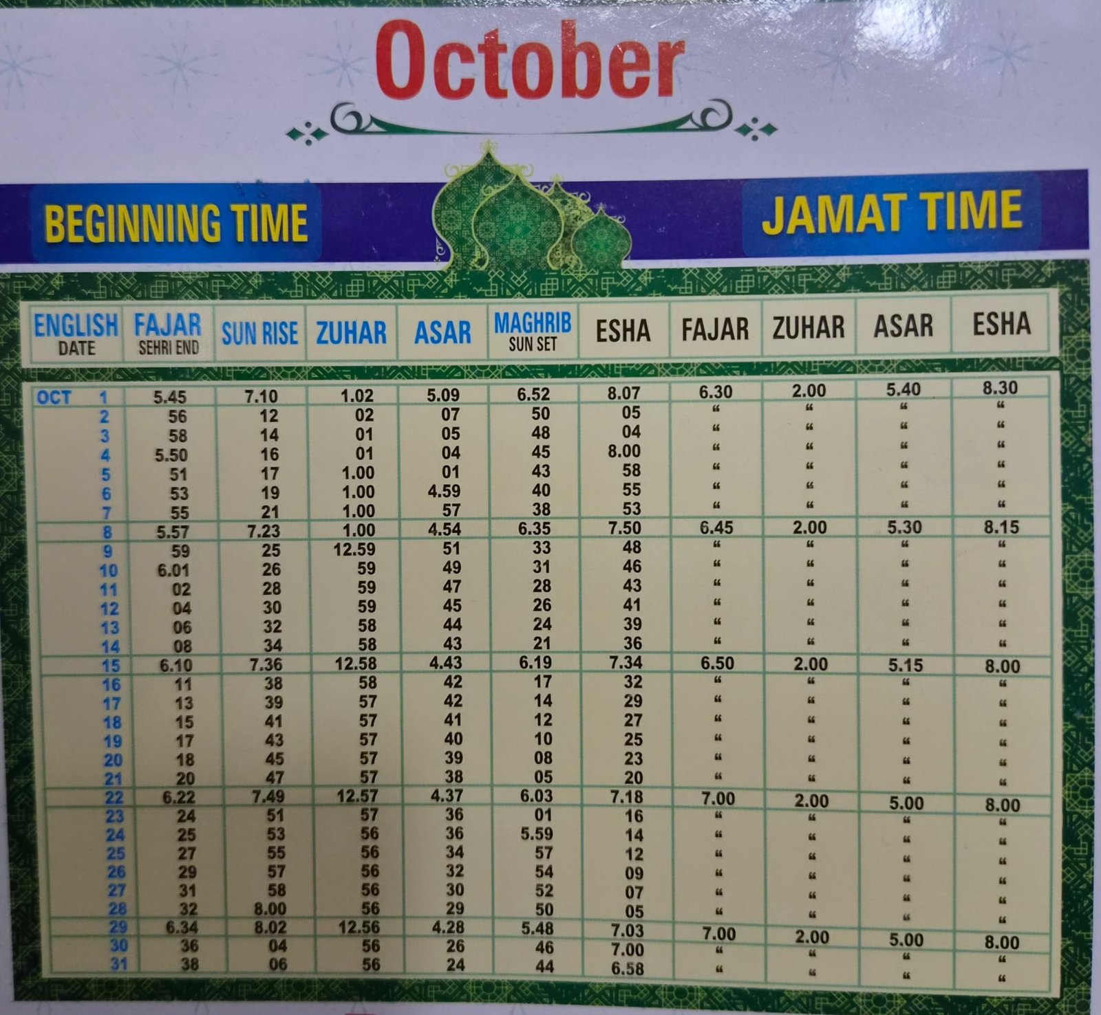 Timetable published by Ghausia Madrassah & Mosque for October 2026