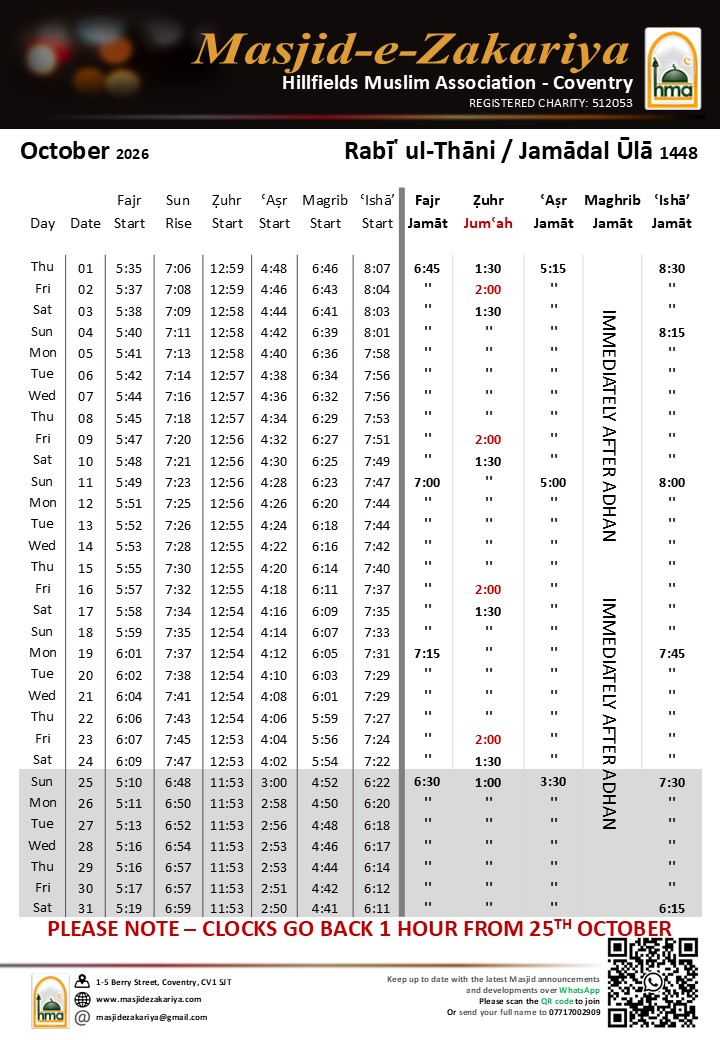 Timetable published by Masjid-e-Zakariya (HMA) for October 2026