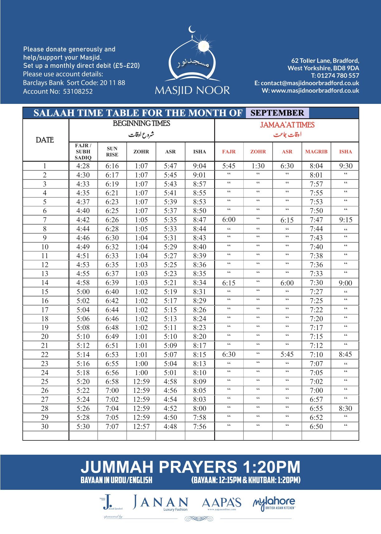 Timetable published by Masjid Noor for September 2026