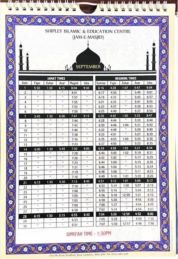 Timetable published by Shipley Islamic Education Centre for September 2026