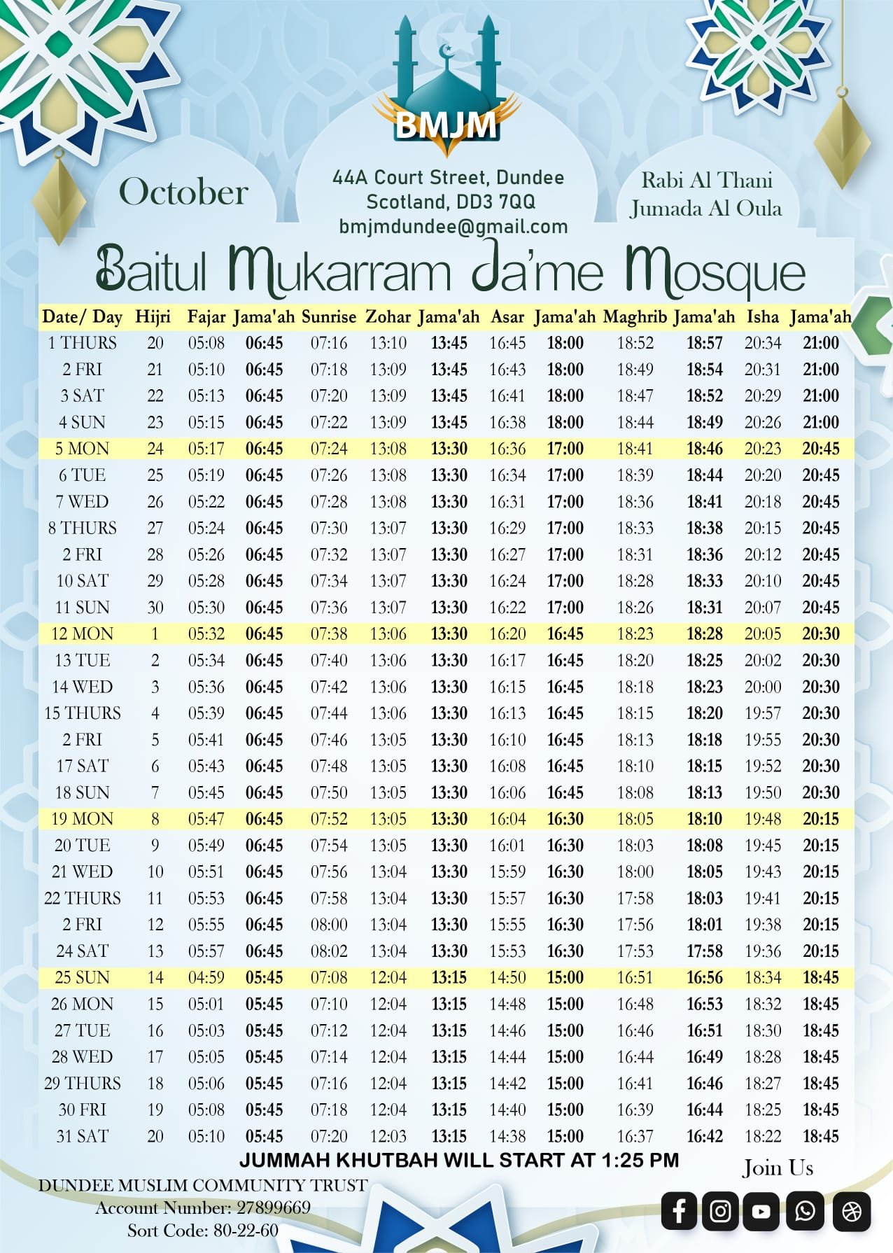 Timetable published by Baitul Mukarram Jame Mosque & Islamic Cultural Centre for October 2026
