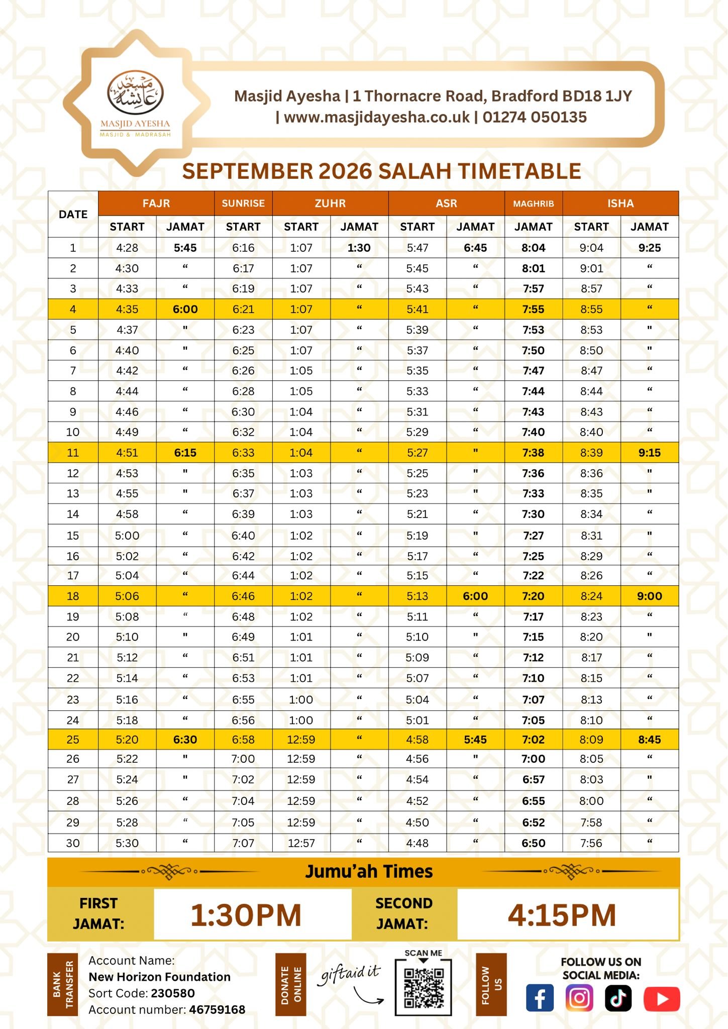 Timetable published by Masjid Ayesha for September 2026