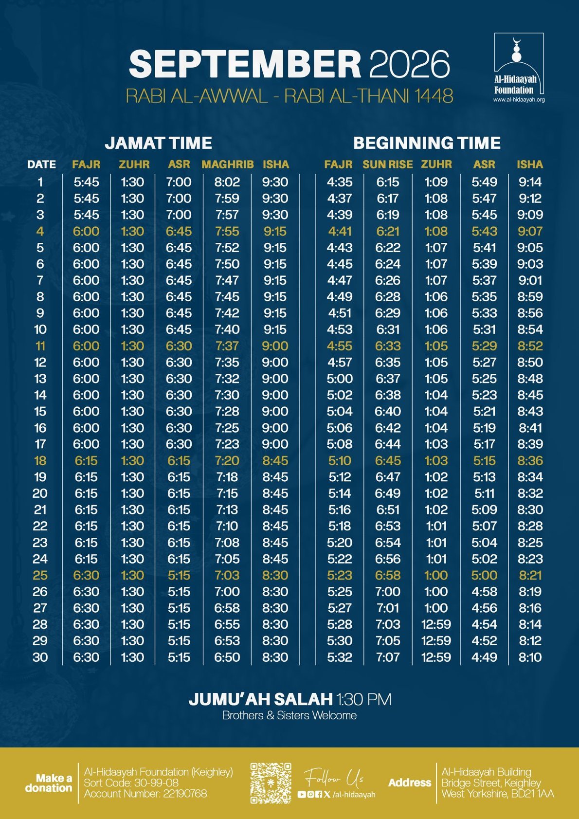 Timetable published by Al-Hidaayah Foundation for September 2026