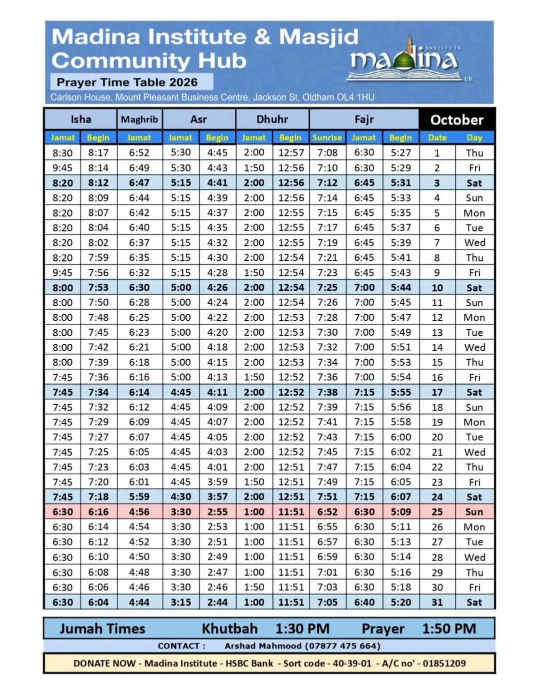 Timetable published by Madina Institute & Masjid Community Hub for October 2026