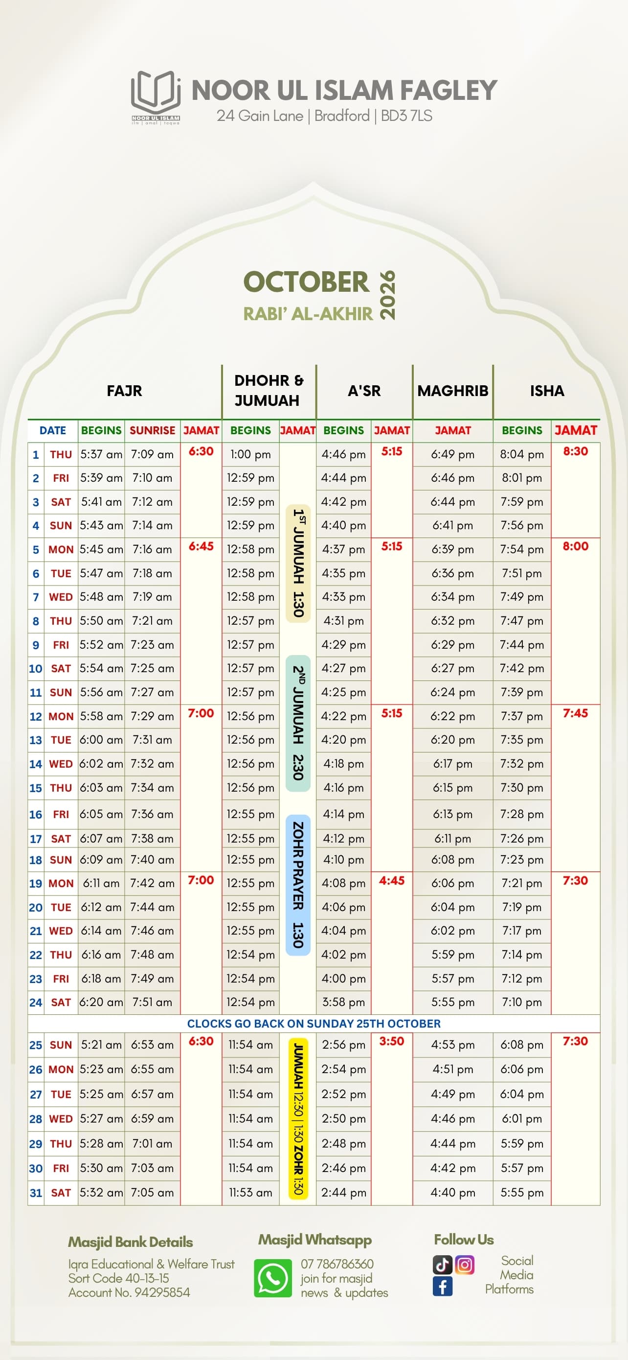 Timetable published by Noor Ul Islam (Fagley) for October 2026