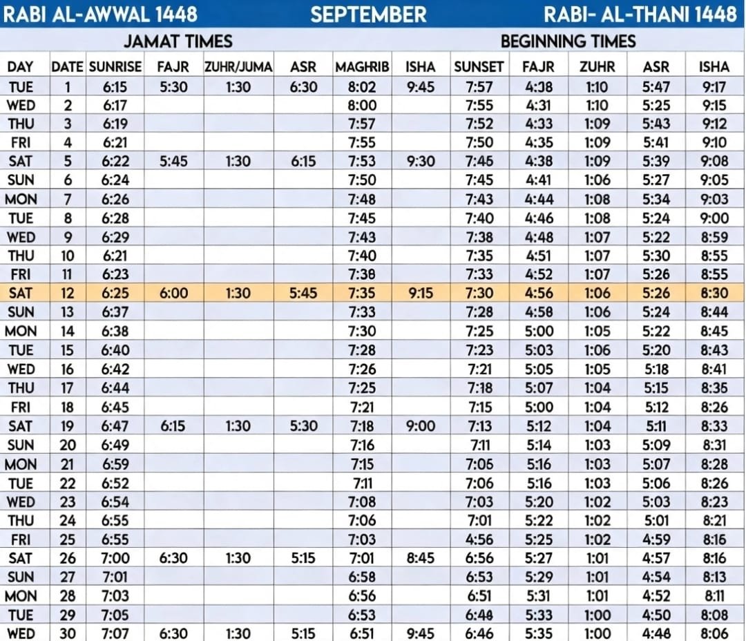 Timetable published by Jamia Madni [Off Killinghall] for September 2026