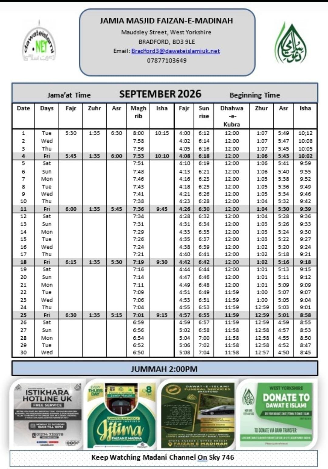 Timetable published by Faizan e Madina Masjid for September 2026