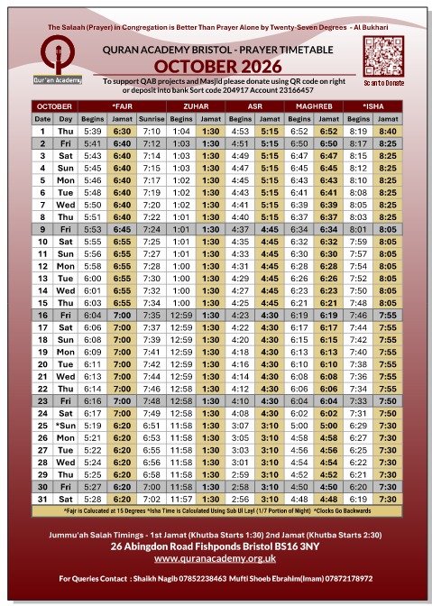 Timetable published by Quran Academy for October 2026