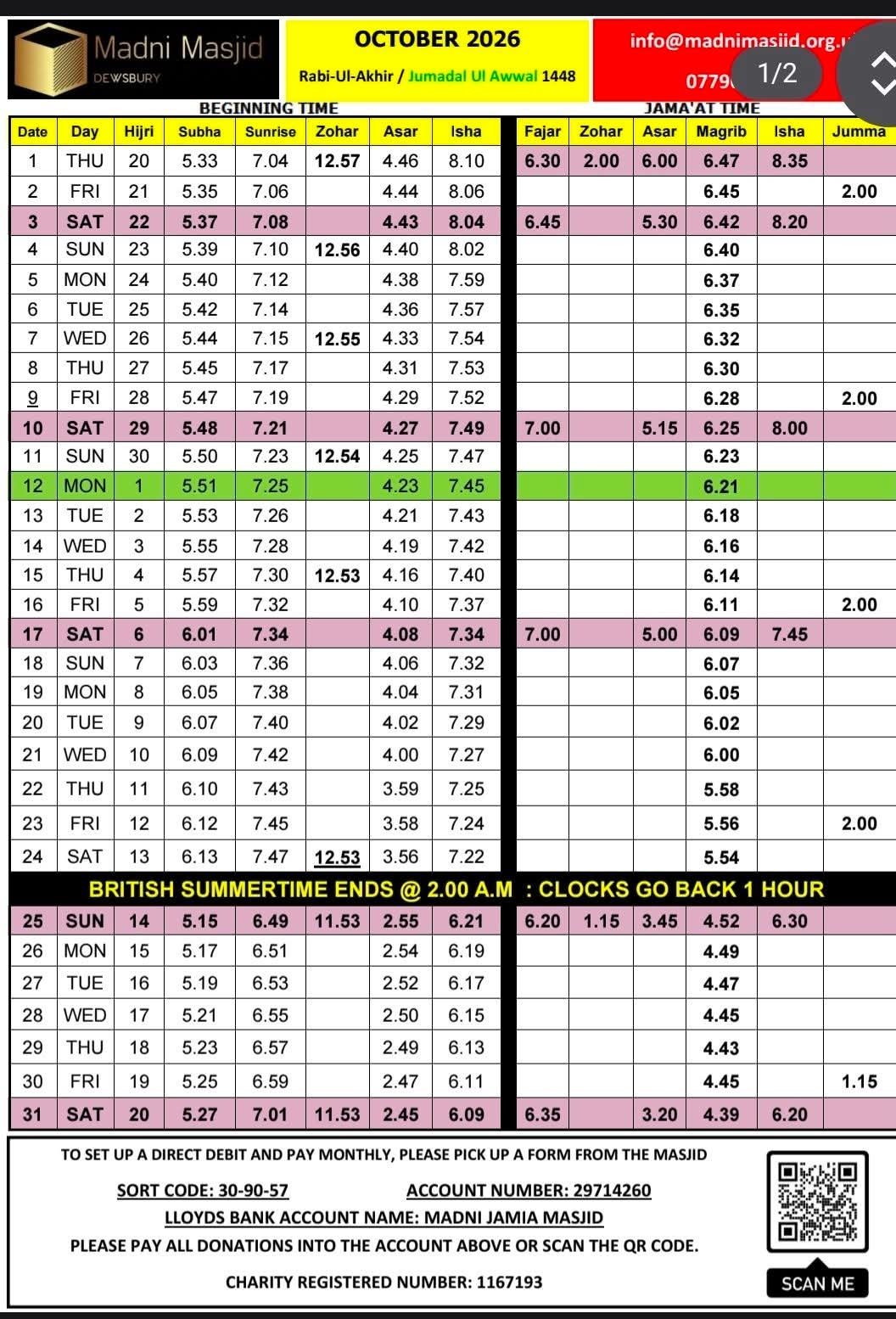 Timetable published by Madni Jamia Masjid for October 2026